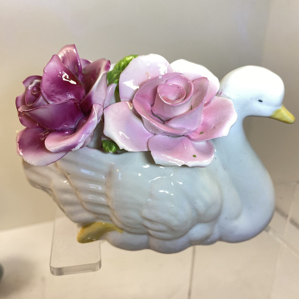 Vintage Thorley Bone China Floral Swan Staffordshire England 3 1/2" x 5" x 3"